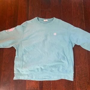 Champion Reverse Weave Turquoise/Pink Script Crewneck